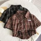Short-sleeve Plaid Zip-up Crop Shirt