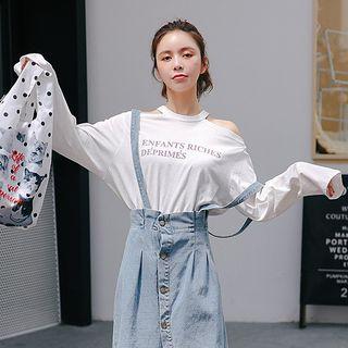 Off Shoulder Lettering Long-sleeve T-shirt