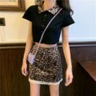 Collared Short-sleeve T-shirt / Leopard Print Mini A-line Skirt