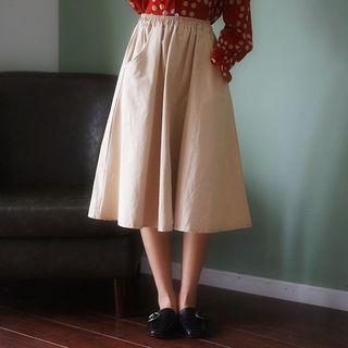 Plain Midi A-line Skirt Khaki - One Size
