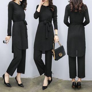 Set: Tie-waist Long-sleeve Tunic + Wide Leg Pants