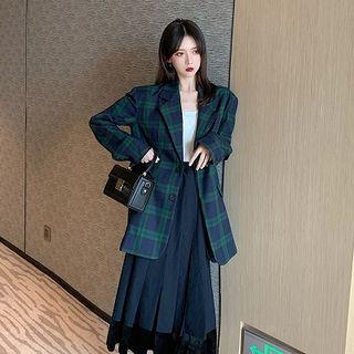 Color-block Plaid Long-sleeve Blazer / High-waist Pleated Skirt