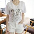 Sequined-panel Cotton T-shirt