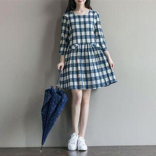 Plaid 3/4-sleeve A-line Dress