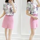 Set : Floral Print Short-sleeve Top + Skirt