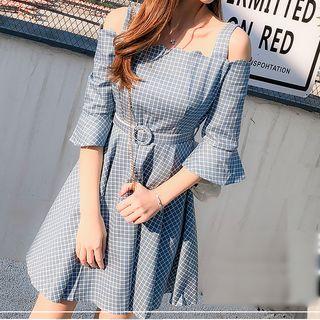 Elbow-sleeve Cutout Plaid A-line Mini Dress