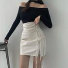 Faux Leather Tie-waist Mini Pencil Skirt