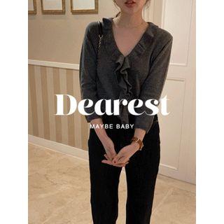 V-neck Frilled-detail Wool Blend Knit Top One Size