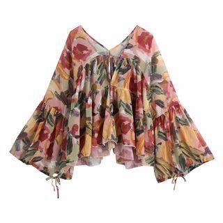 Bell-sleeve Floral Print V-neck Chiffon Blouse