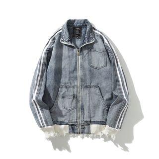 Contrast Stripe Distressed Denim Jacket