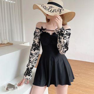Bell-sleeve Print Panel Swim Dress