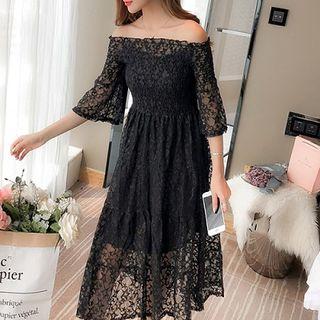 Plain Off-shoulder Lace Short-sleeve Dress