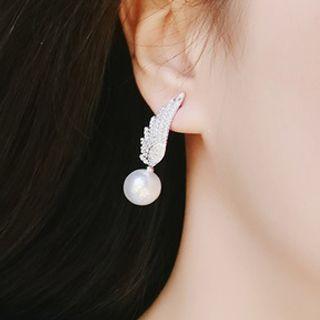 Non-matching Faux Pearl Wings Dangle Earring 1 Pair - Silver - One Size
