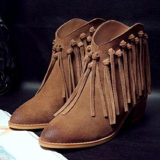 Fringe Block Heel Short Boots