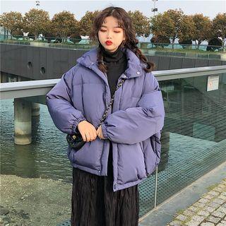 Stand Collar Zip Padded Jacket / Ruched Midi Skirt