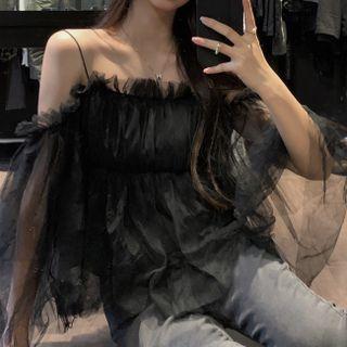 Cold Shoulder Sheer Blouse Black - One Size