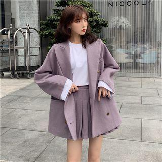 Peak Collar Double-breasted Coat / Pleated Mini A-line Skirt
