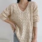 Long Sleeve V-neck Pointelle-knit Loose-fit Sweater