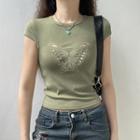Cap-sleeve Butterfly Cutout Cropped T-shirt