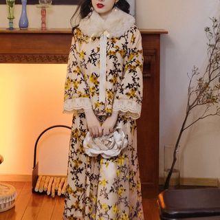 Traditional Chinese Set: 3/4-sleeve Floral Print Top + Skirt
