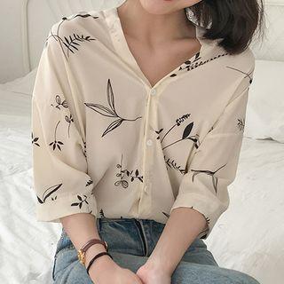 Elbow-sleeve Leaf Print Blouse