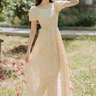 Short-sleeve Slit Embroidered Midi A-line Dress