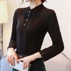 Stand-collar Ruffle Trim Lace Blouse