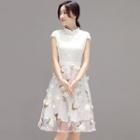 Mandarin Collar Lace Panel Flower Applique A-line Dress