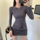 Long-sleeve Twist-front Mini Bodycon Dress Gray - One Size