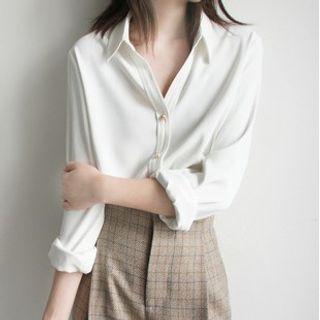 Long-sleeve V-neck Plain Draped Shirt