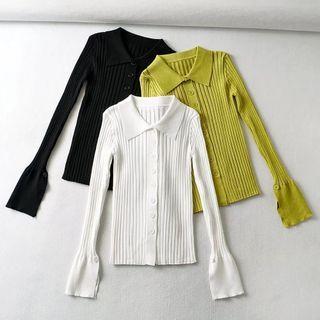 Bell-sleeve Collared Ribbed Cardigan