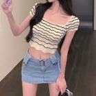 Cap-sleeve Striped Pointelle Knit Top / Mini Dress