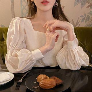 Shirred Puff-sleeve Square-neck Long-sleeve Shirt
