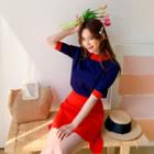 Set: Short-sleeve Knit Top + Miniskirt Top - Blue - One Size / Skirt - Red - One Size