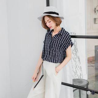 Short-sleeve Printed Blouse Sapphire Blue - M