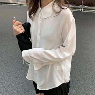 Long-sleeve Plain Collar Button-up Square-neck Loose-fit Blouse