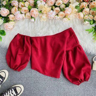Asymmetric Shoulder Puff-sleeve Plain Blouse