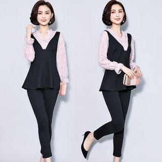 Set: Mock Two-piece Long-sleeve Top + Skinny Pants