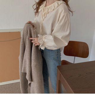 Bell-sleeve Collared Plain Blouse Off-white - One Size