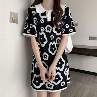 Short-sleeve Collar Floral Knit Mini Sheath Dress