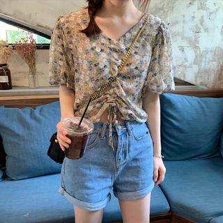 Flower Print Puff-sleeve Chiffon Blouse