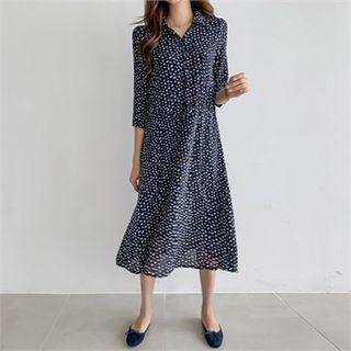 3/4-sleeve Patterned Dress Navy Blue - One Size