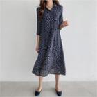 3/4-sleeve Patterned Dress Navy Blue - One Size