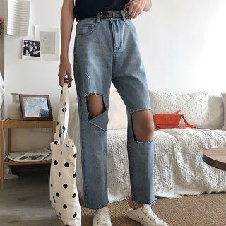 Crop Ripped Straight-cut Jeans