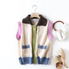 Collar Color Block Button-up Sweater Vest Almond - One Size