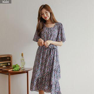 Bell-sleeve Frilled Long Floral Dress