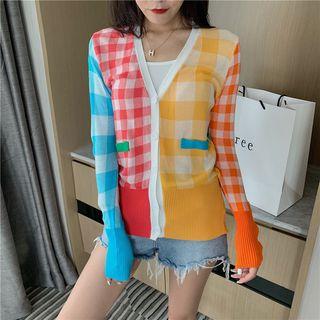 Long-sleeve Plaid Split Hem Knit Cardigan