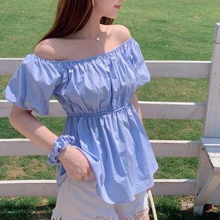 Off-shoulder Puff-sleeve Plain Blouse