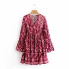 Floral V-neck Long-sleeve A-line Dress