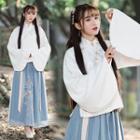 Set: Long-sleeve Embroidered Qipao Top + Maxi Skirt